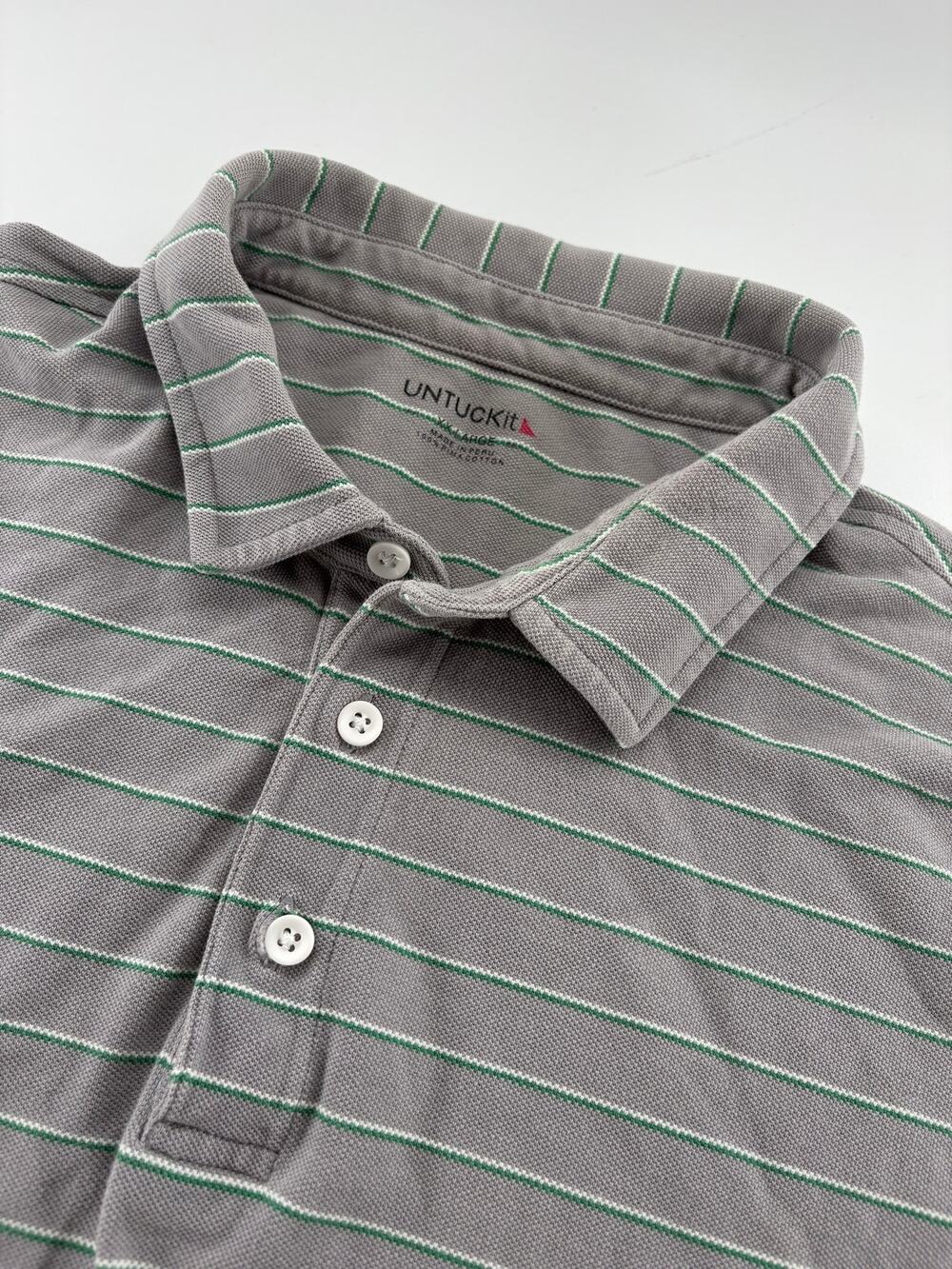 UNTUCKit Men's XXL Polo Gray Green Striped Pima Cotton